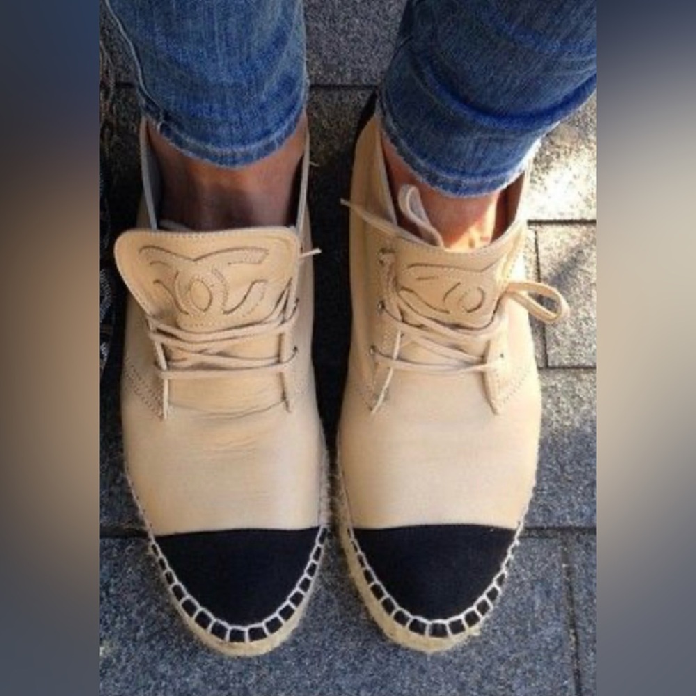 Chanel Beige and Black Leather Espadrille Sneakers